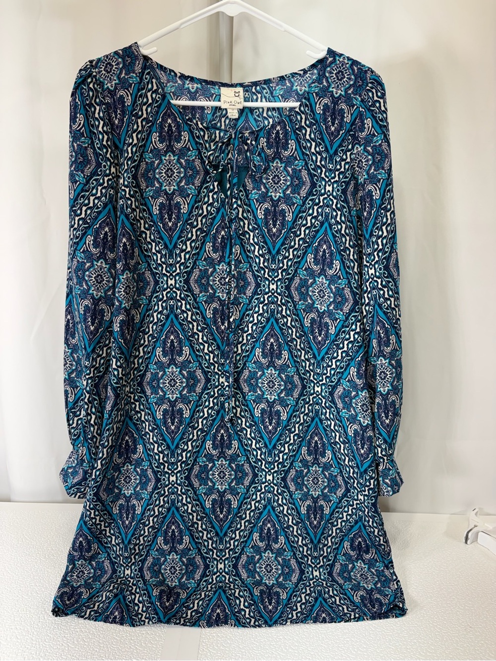 Pink Owl Teal & Navy Paisley-Print Long Sleeve Tunic Dress 3173